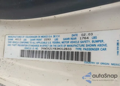 2003 Volkswagen New Beetle Gls from USA, damaged, VIN 3VWCK21Y83M312833